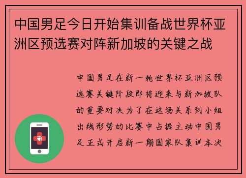 中国男足今日开始集训备战世界杯亚洲区预选赛对阵新加坡的关键之战