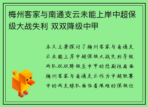 梅州客家与南通支云未能上岸中超保级大战失利 双双降级中甲 梅州客家与南通支云未能上岸中超保级大战失利 双双降级中甲
