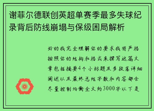 谢菲尔德联创英超单赛季最多失球纪录背后防线崩塌与保级困局解析 谢菲尔德联创英超单赛季最多失球纪录背后防线崩塌与保级困局解析